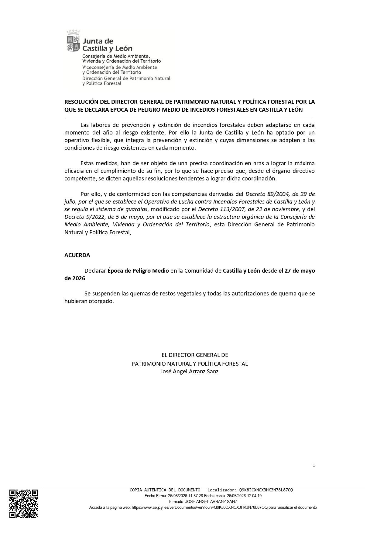 Declaración época de peligro medio de incendios